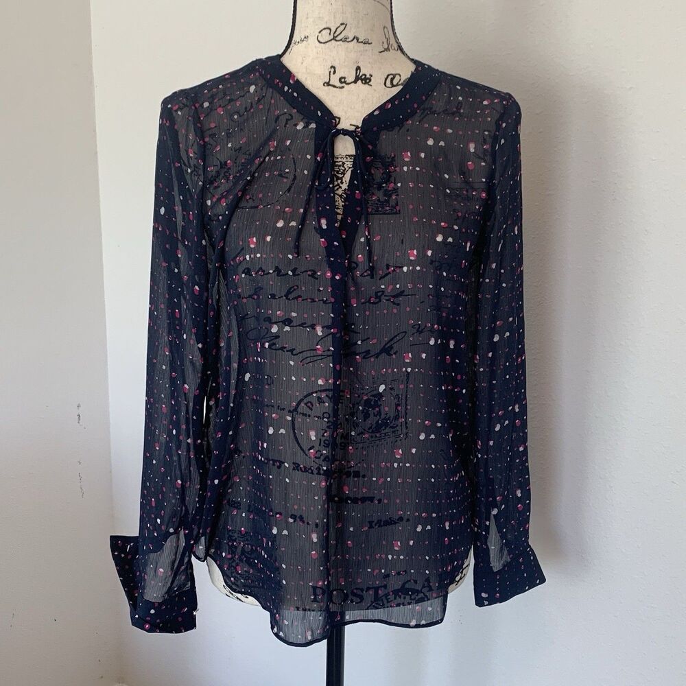 Banana Republic Women's Navy Blue Spotted Tie Peephole Sheer Long Sleeve Top XS